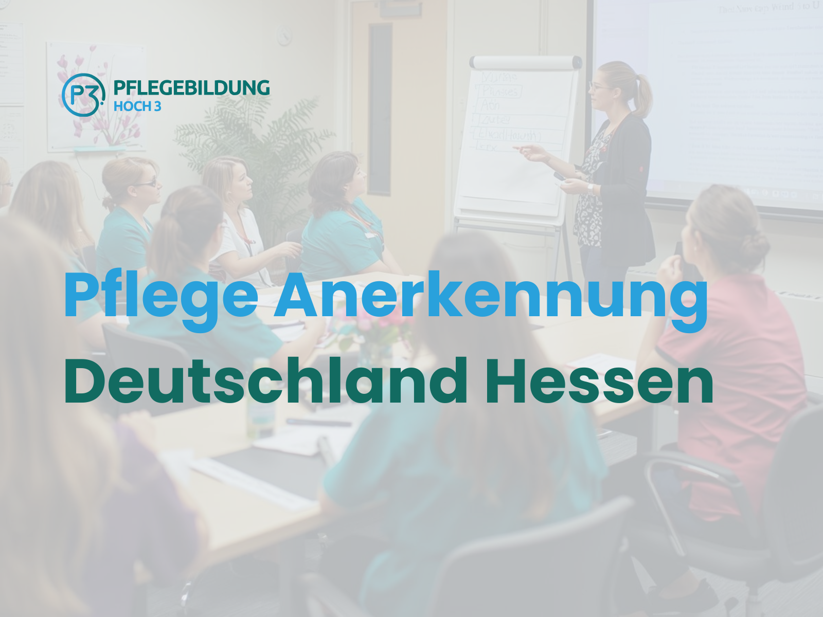 Dozentin erklärt Lernstoff vor internationaler Gruppe von Pflegekräften in einem Schulungsraum mit Flipchart.