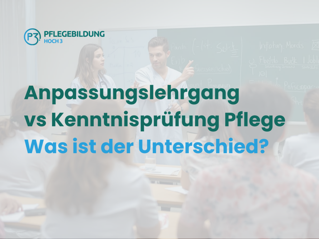 Dozent erklärt Pflegeinhalte in einem Klassenraum mit internationalen Pflegekräften und Lehrmaterialien