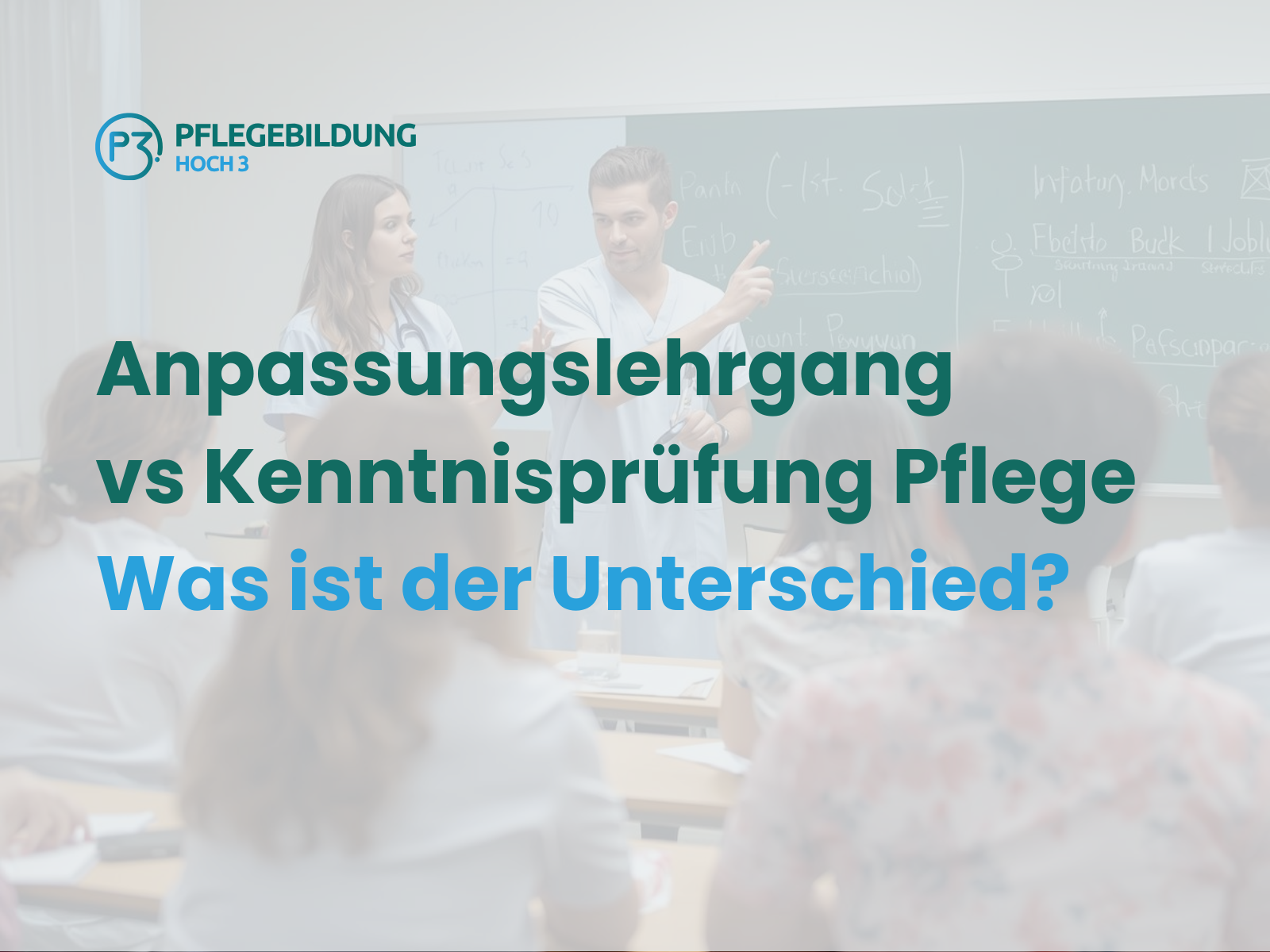 Dozent erklärt Pflegeinhalte in einem Klassenraum mit internationalen Pflegekräften und Lehrmaterialien