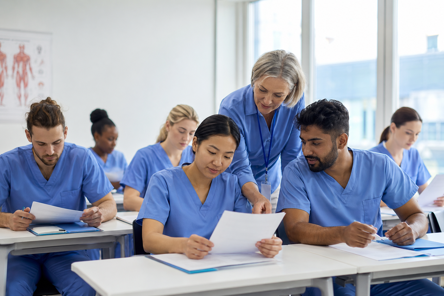 International nurses training together in Frankfurt classroom for recognition process in Germany