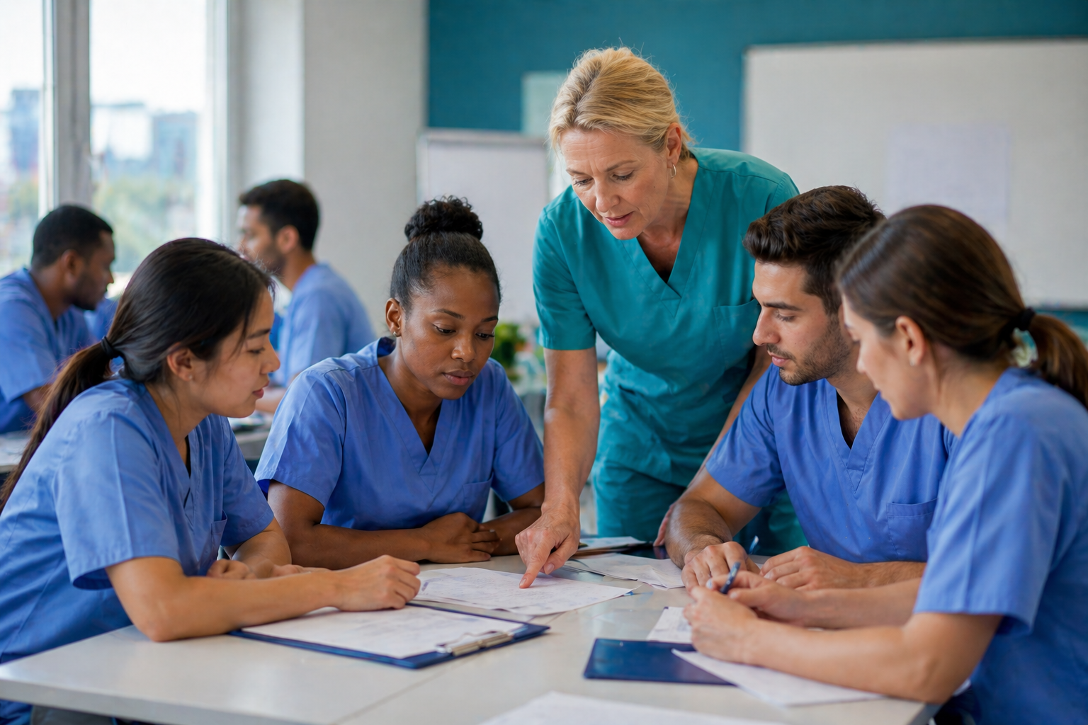 International nurses in structured training classroom for recognition in Rhein Main Gebiet