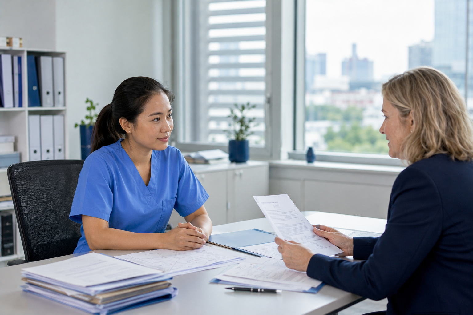 International nurse reviewing recognition documents with advisor in modern Hessen office