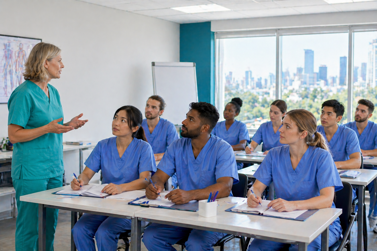 International nurse preparing confidently for nursing knowledge examination in German hospital