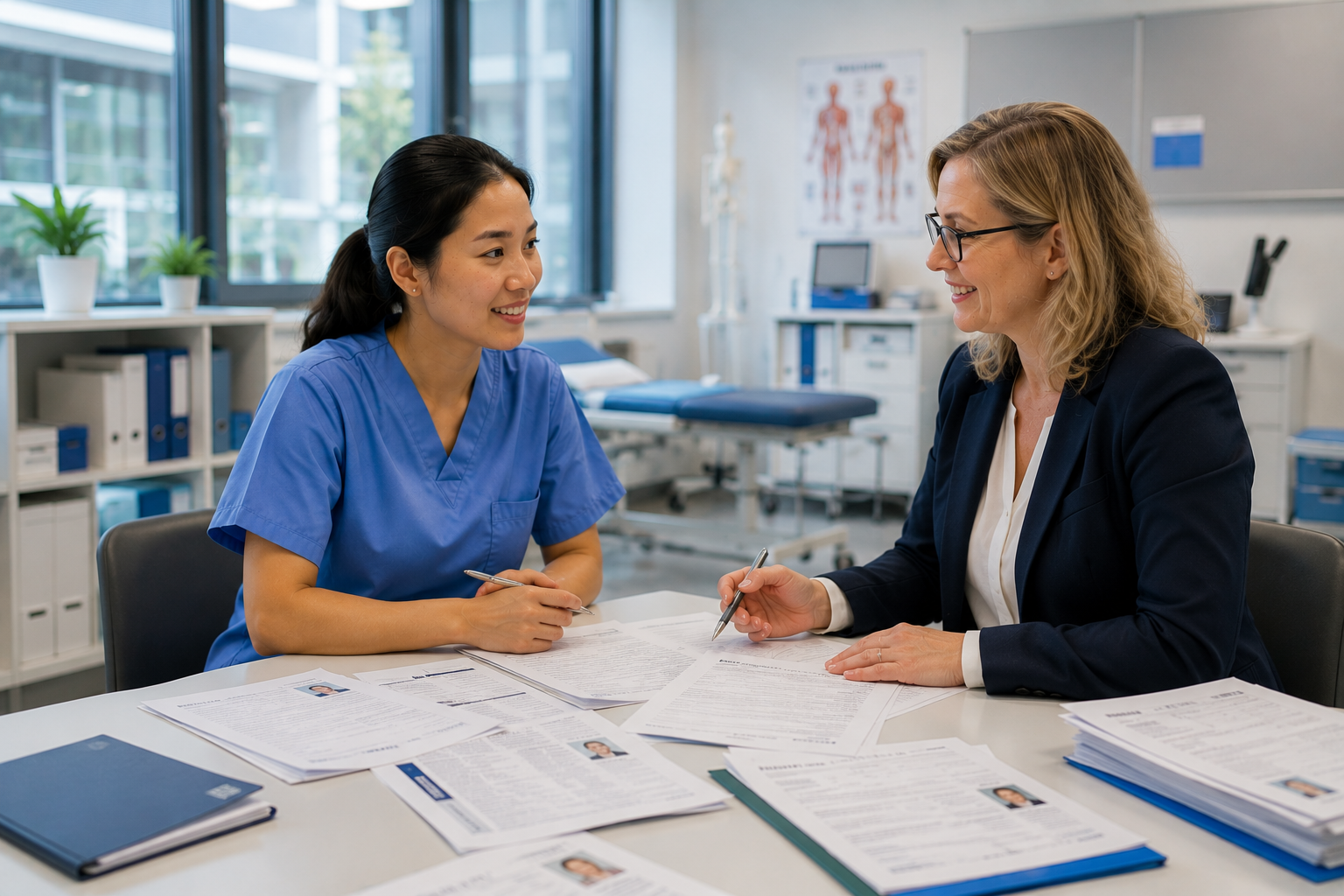 International nurse managing recognition documents and training requirements in German healthcare environment