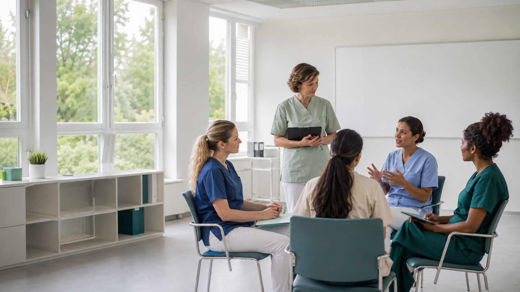 Praxisanleiter Weiterbildung Frankfurt mit Pflegekräften bei praxisnaher Schulung in modernem Unterrichtsraum
